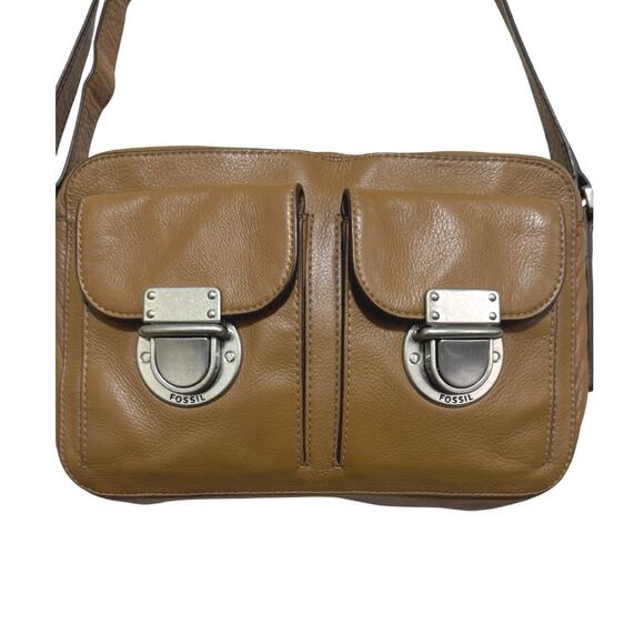 Fossil Handbags - Fossil Riley Leather Crossbody Bag Adjustable Strap Camel Brown Silver Hardware